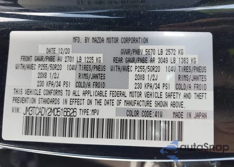 2021 Mazda Cx-9 Grand Touring z USA, uszkodzony, nr VIN JM3TCADY2M0516626